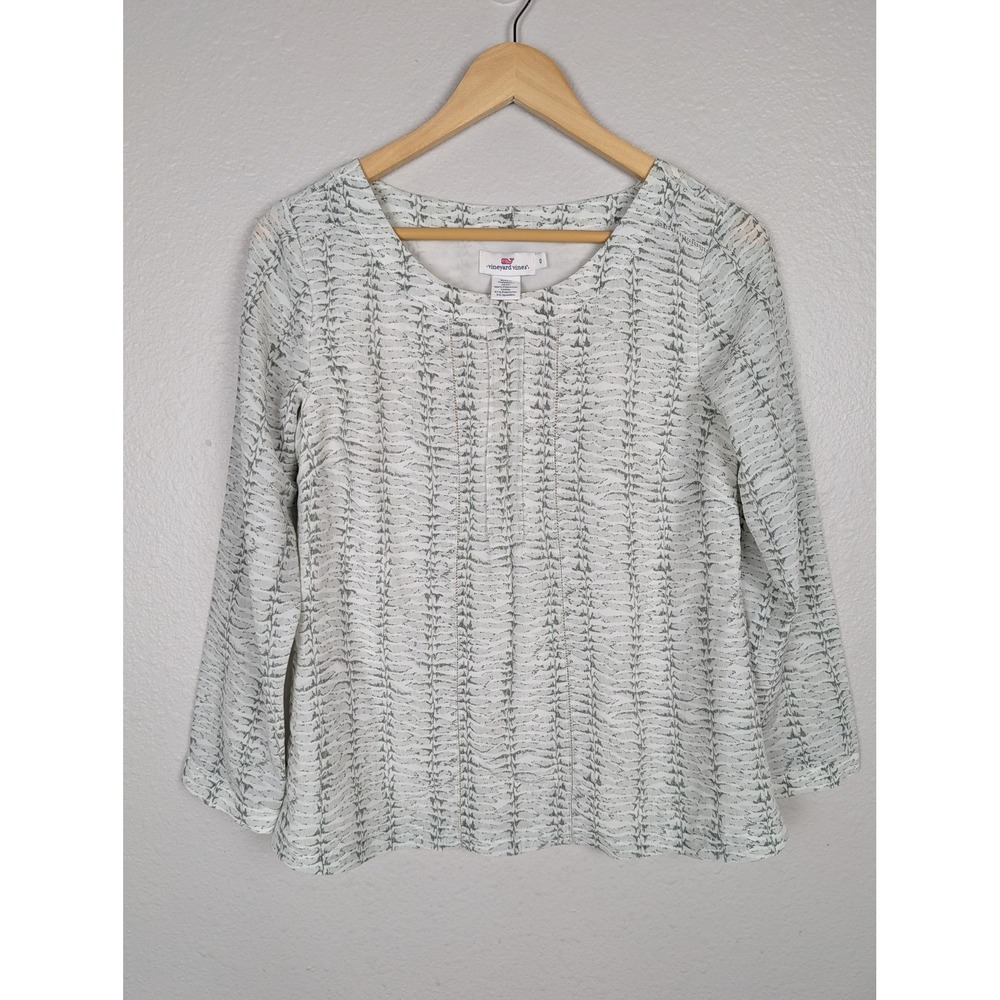 Vineyard Vines Shirt Womens 0 White Green Textured Scoop Neck Long Sleeve
